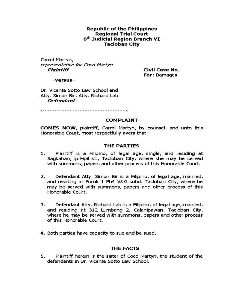 Complaint Sample PDF Summons Lawsuit