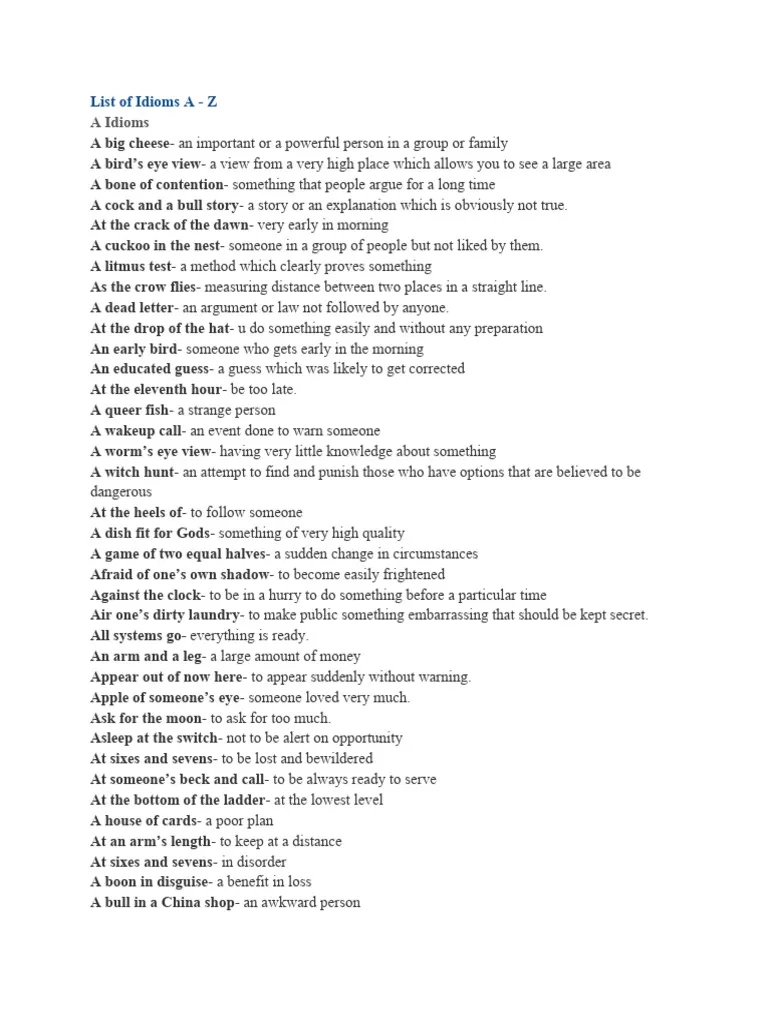 Printable List Of Idioms