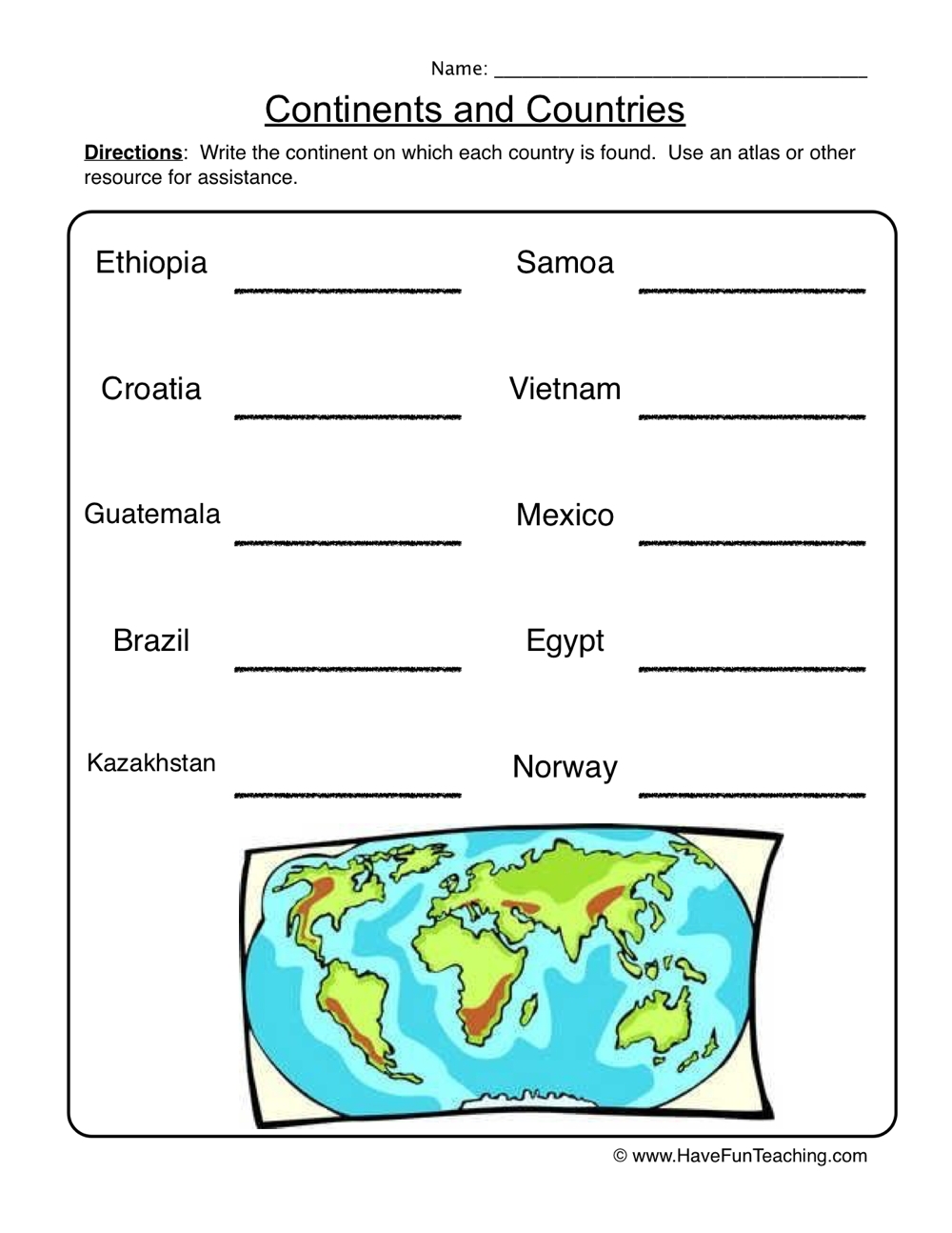 Continents Worksheet Countries Have Fun Teaching
