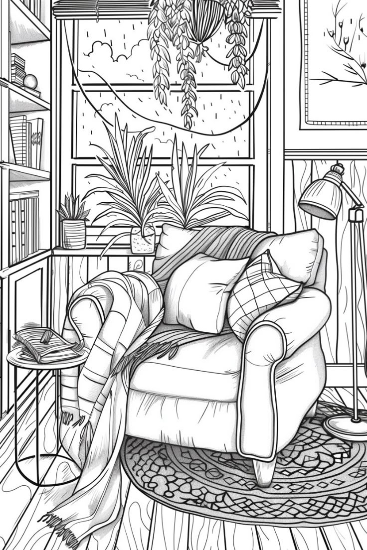 Cozy Interior Coloring Page Free Printable 