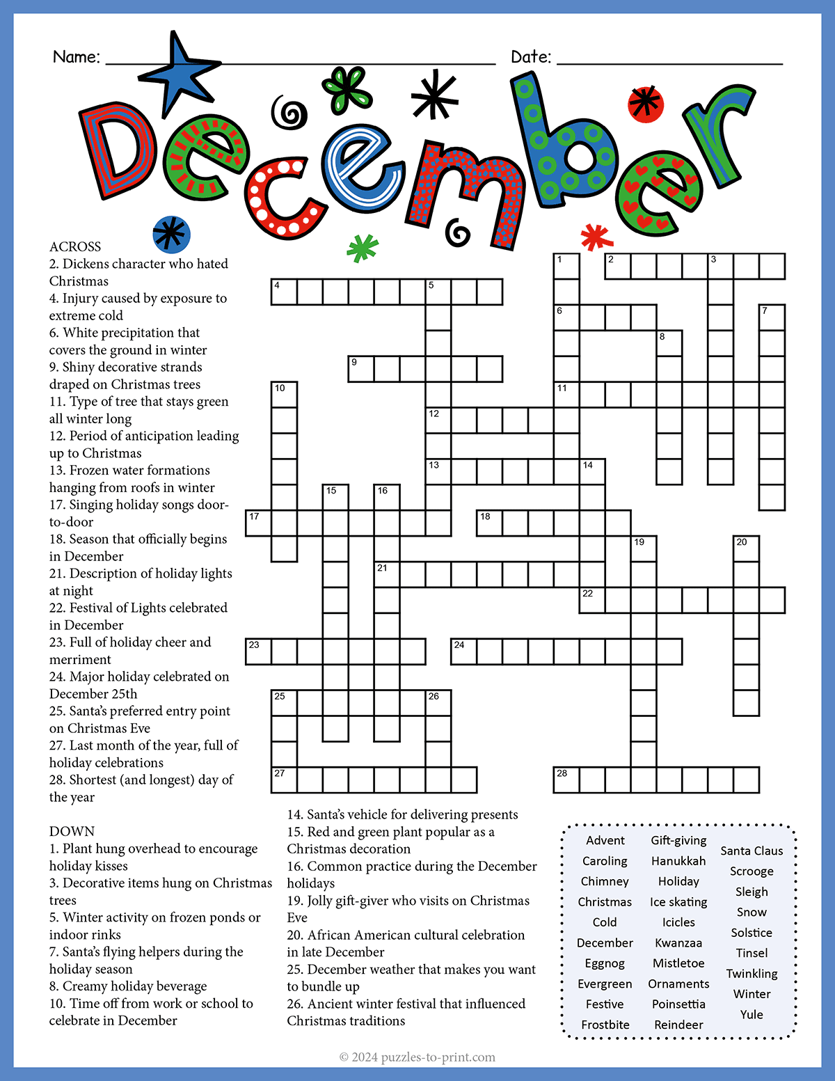 Christmas Crossword Puzzles Printable