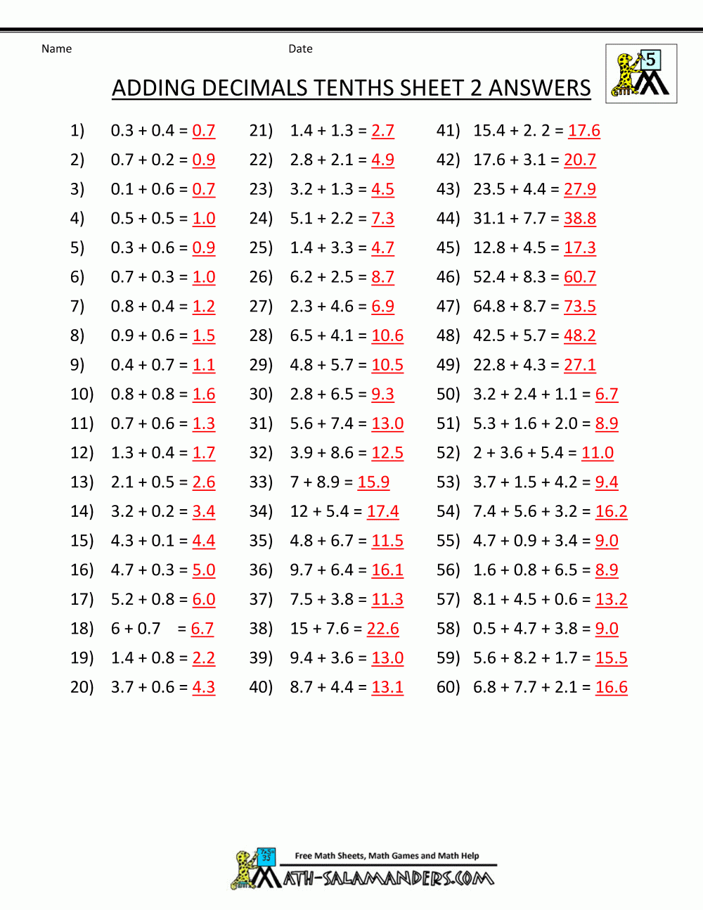 Adding Decimals Free Printable Worksheet