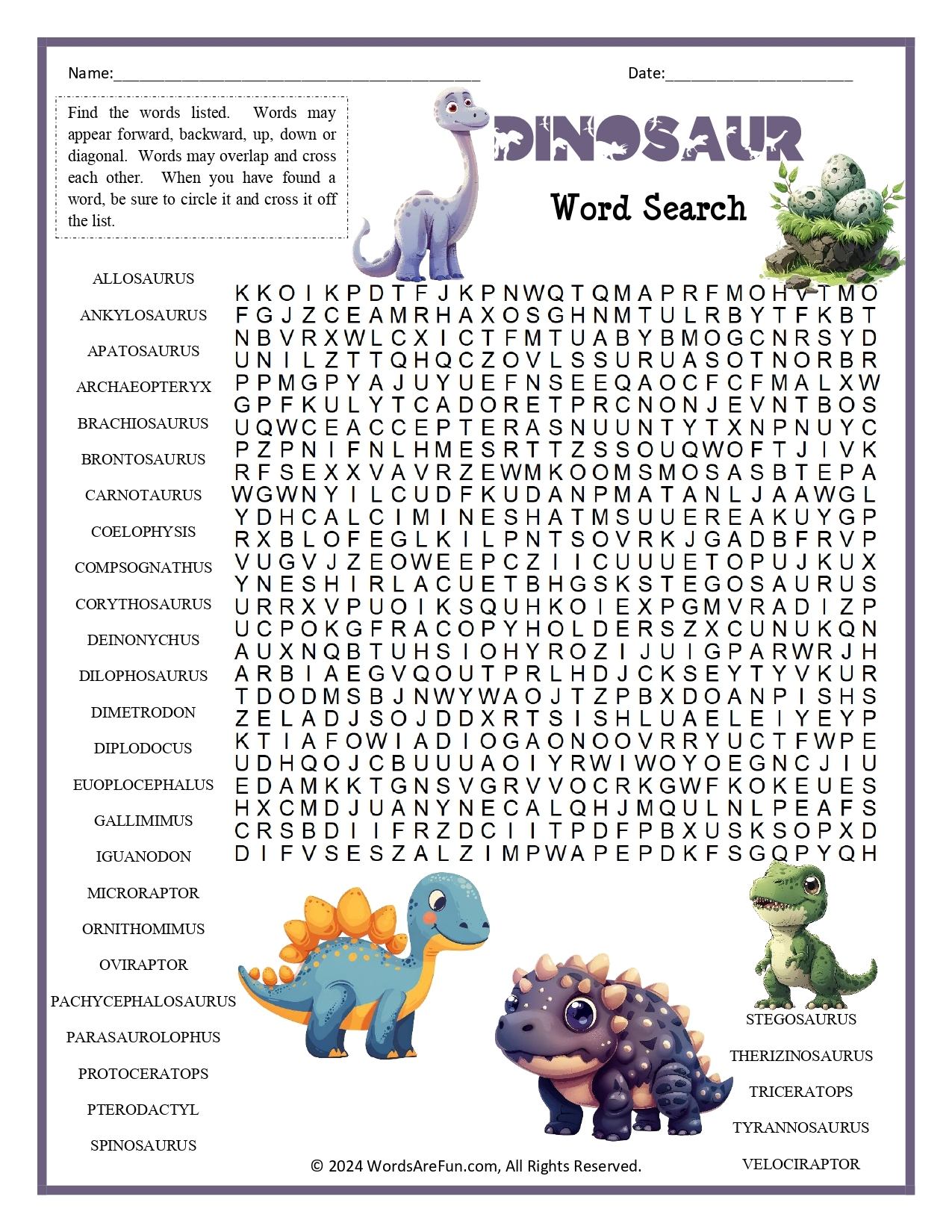 Dinosaur Word Search Printable