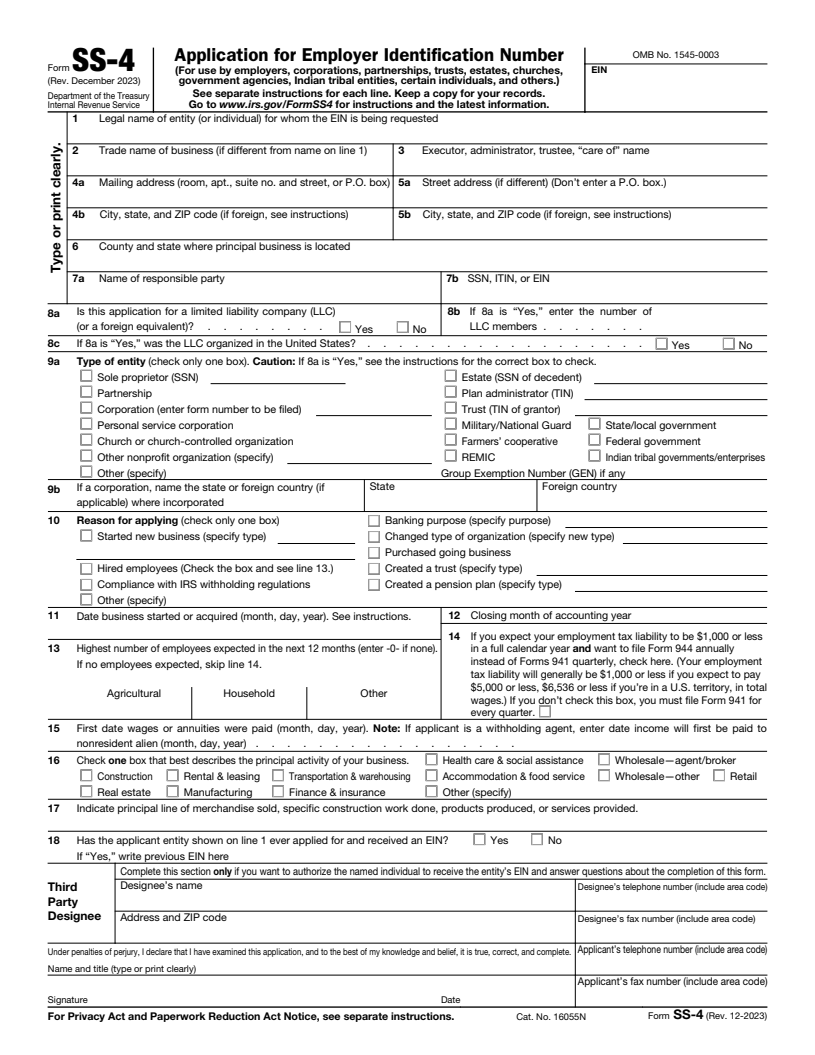 Docusign Fillable SS 4 Form Free EIN Application Template