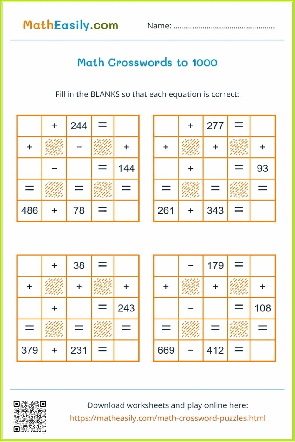 Math Crossword Puzzles With Answers