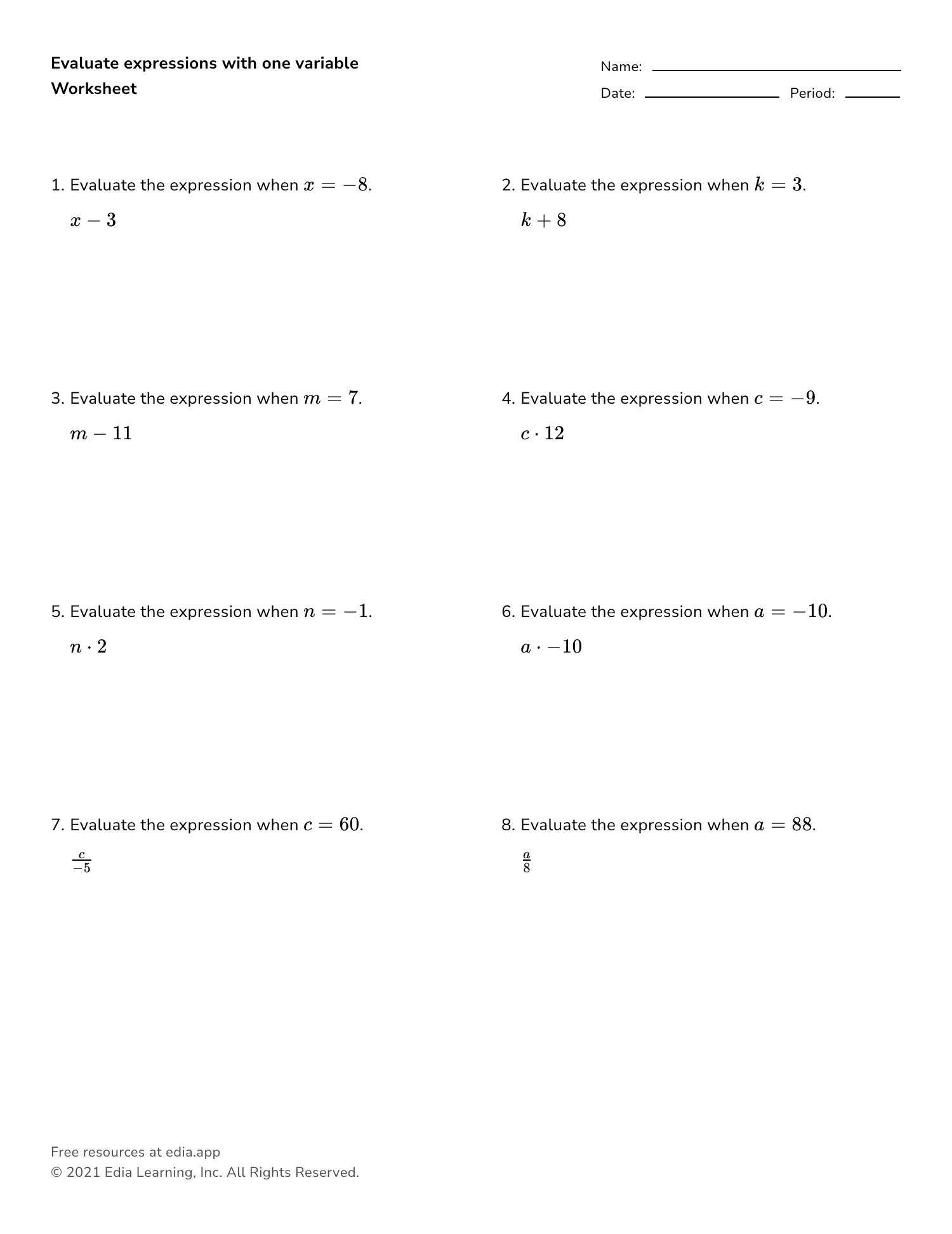 Printable Pre-algebra Worksheets