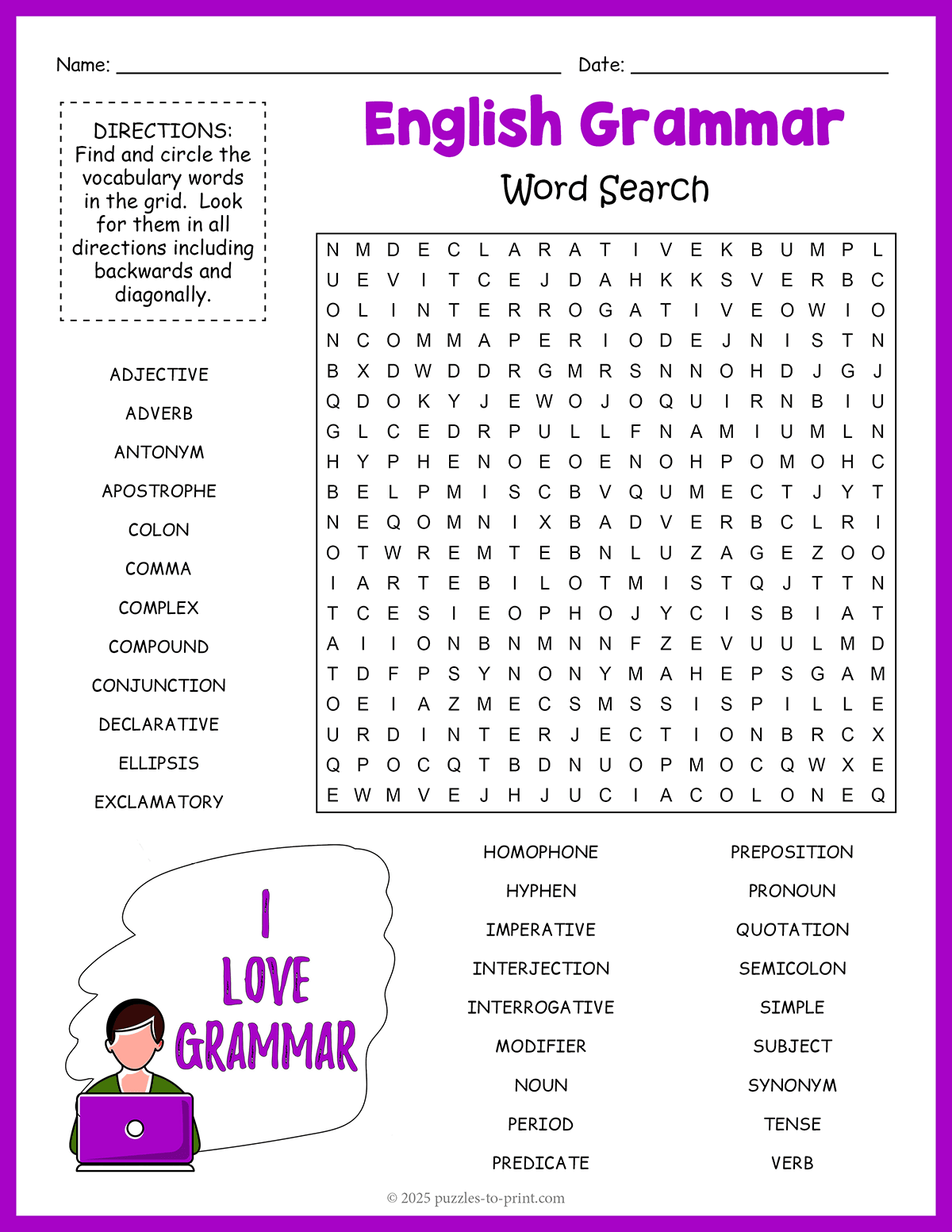 English Grammar Word Search
