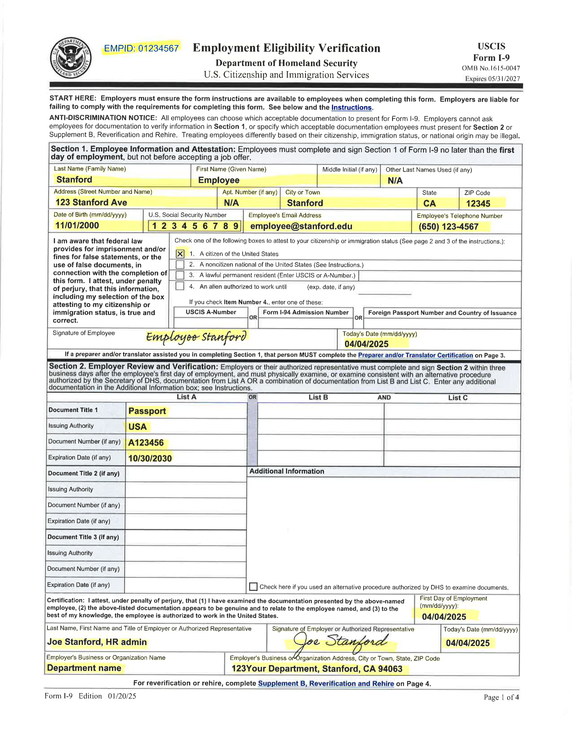 Examples Of Completed Form I 9 For Stanford