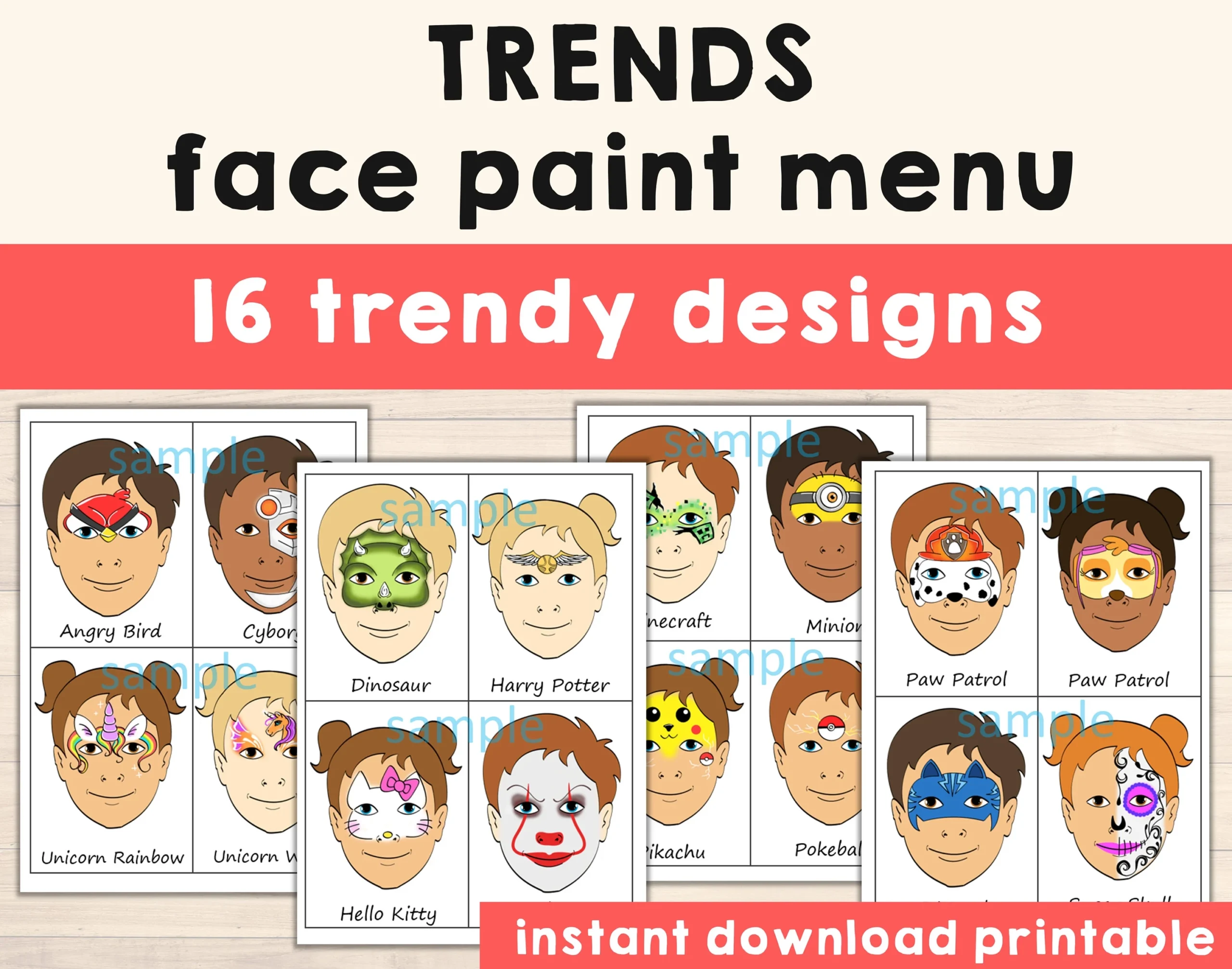 Face Painting Menu Board Choice Kids Paint Pack Of 16 Trendy 