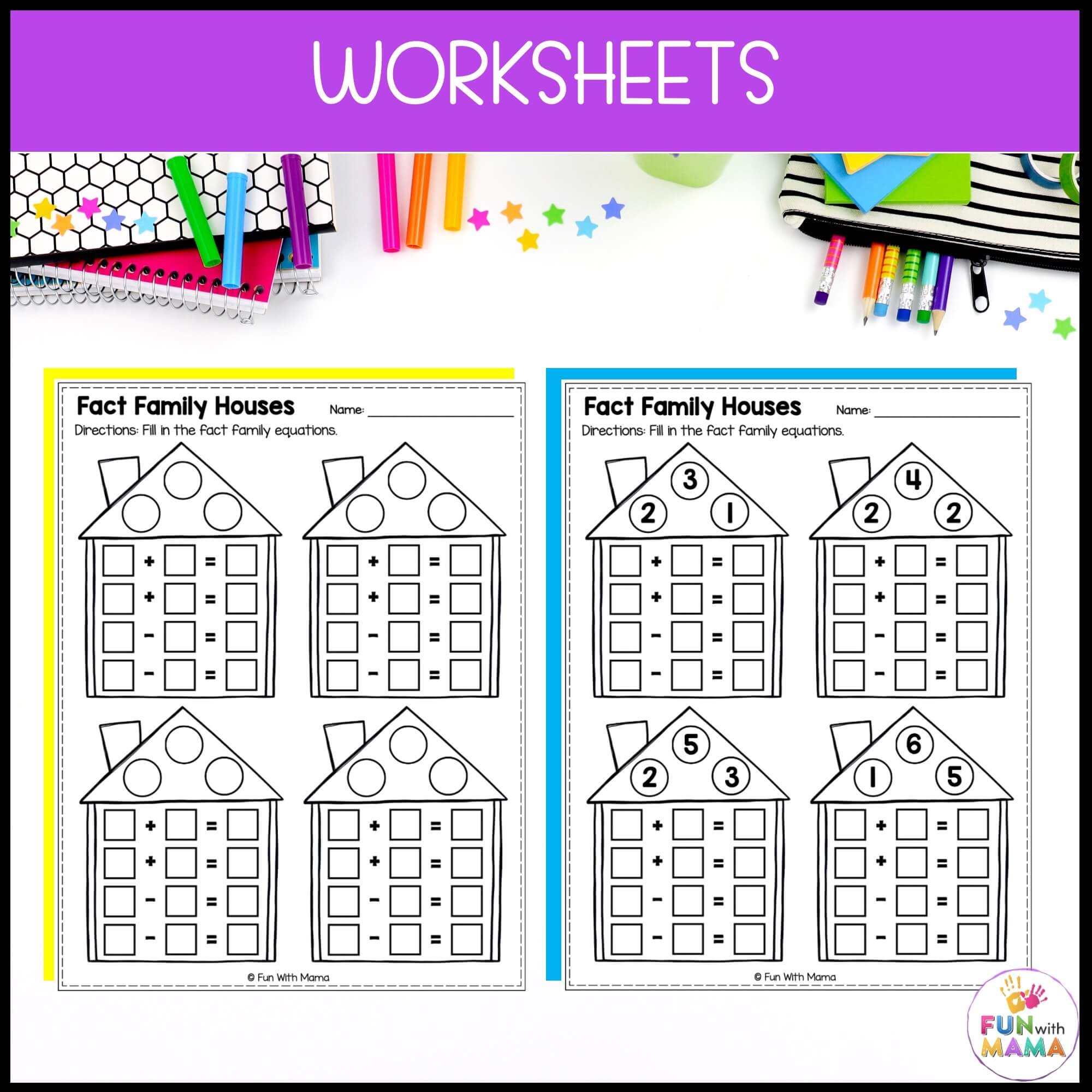 Fact Families Addition And Subtraction Mats Fact Family House Worksheets Fun With Mama Shop