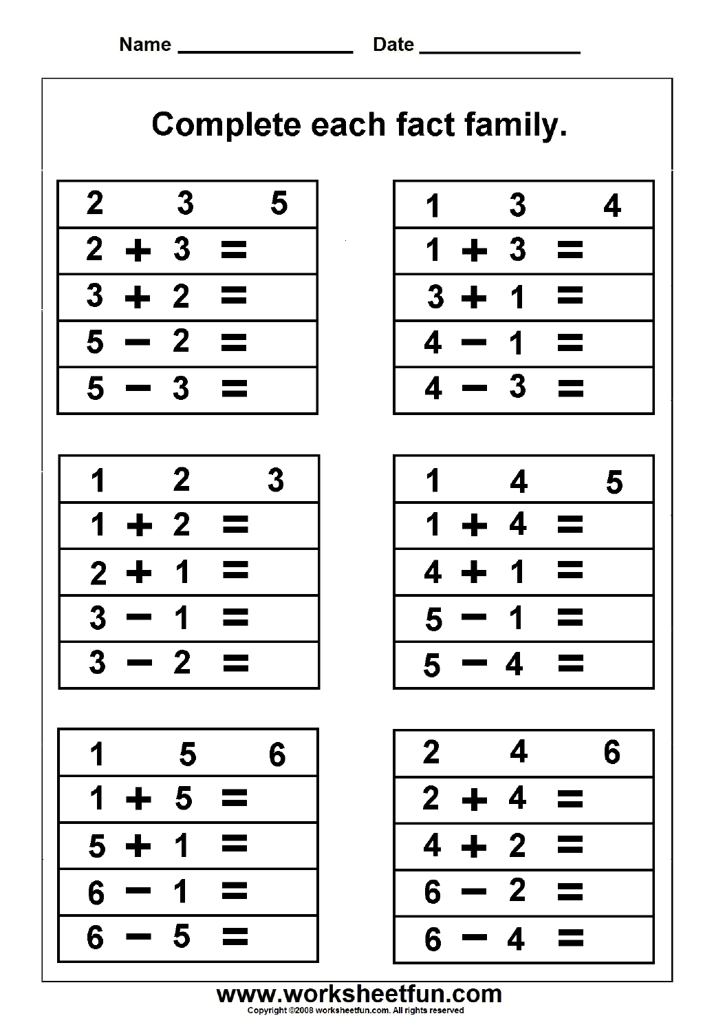 Fact Family Complete Each Fact Family 2 Worksheets FREE 