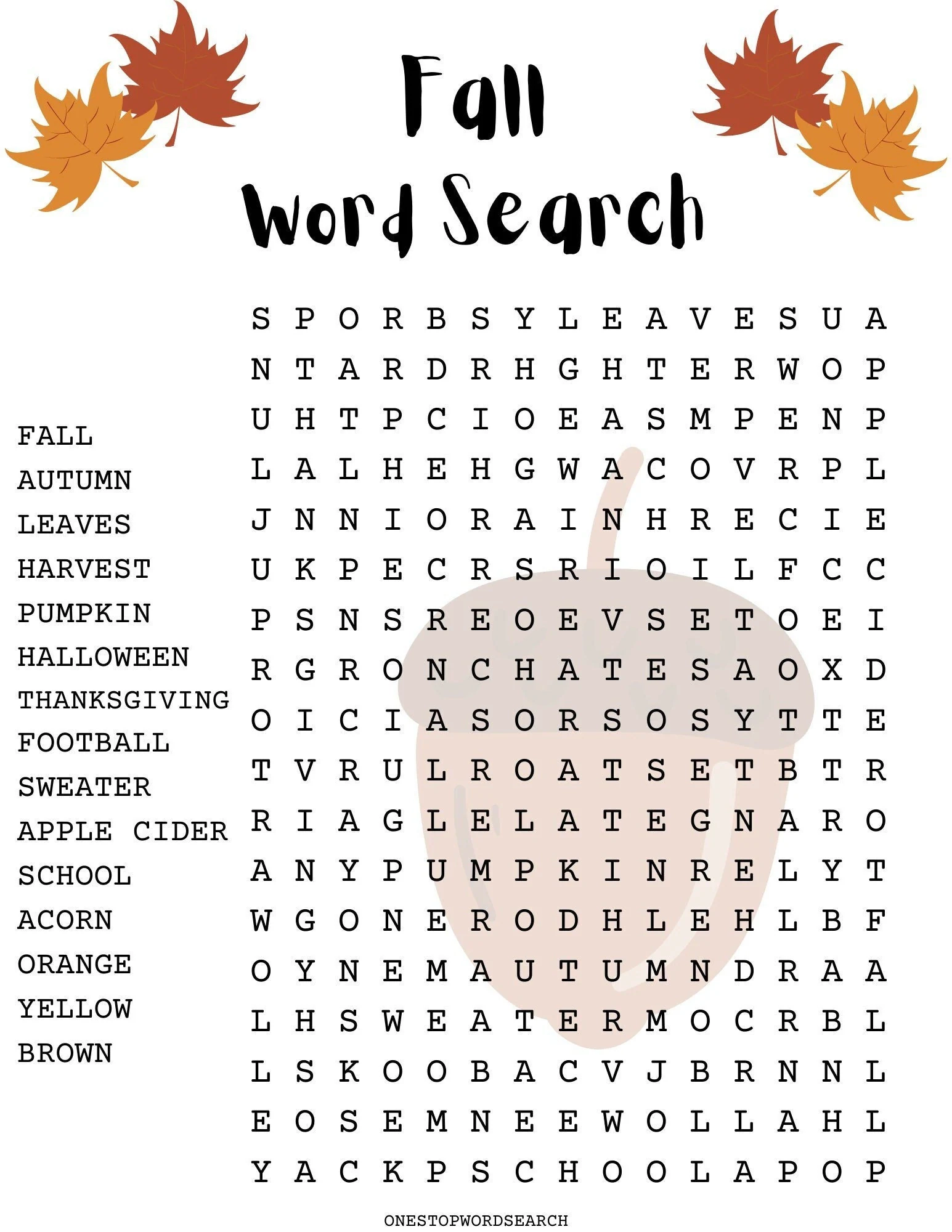 Fall Word Search Printable