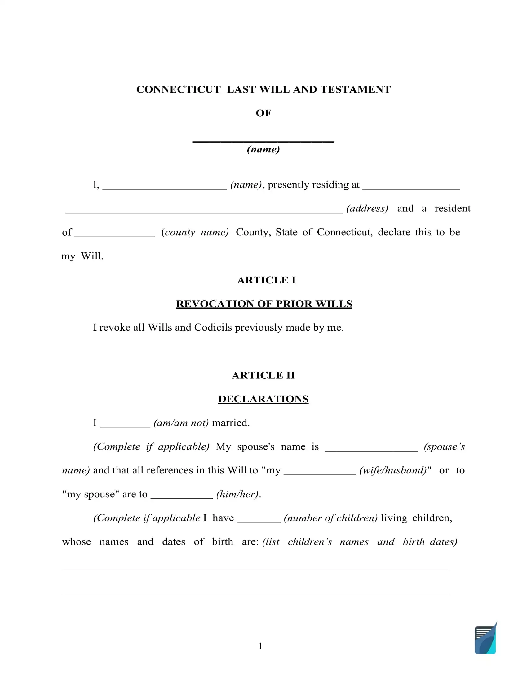 Fillable Connecticut Last Will And Testament Form FREE 