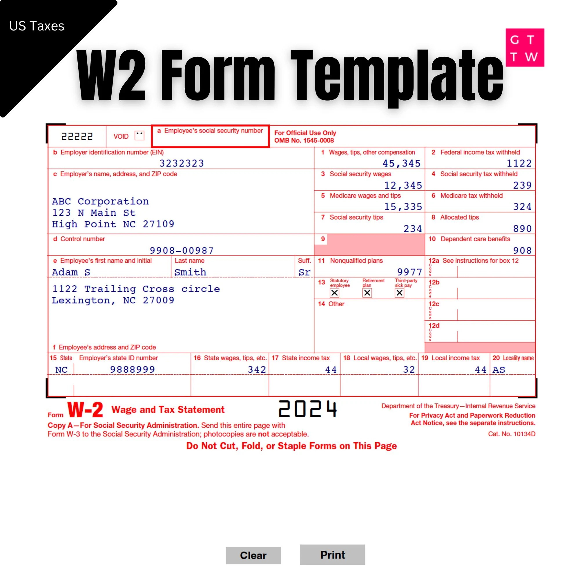 Fillable W2 Form 2025 Printable IRS Template digital Download 