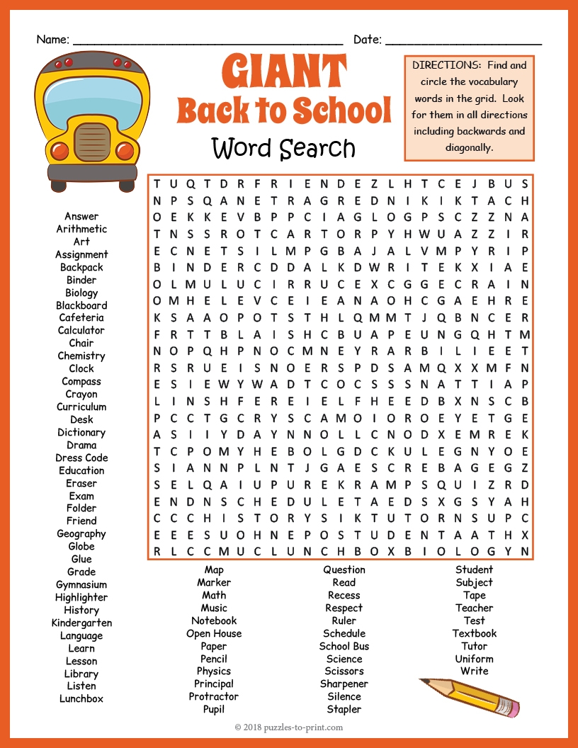 FIRST DAY OF BACK TO SCHOOL Word Search Puzzle Worksheet No 