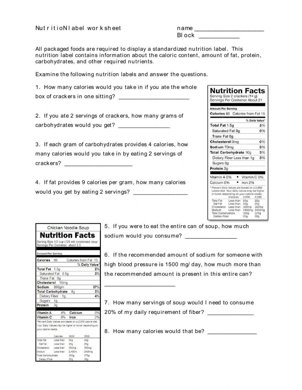 Food Labels Worksheet Worksheets Library