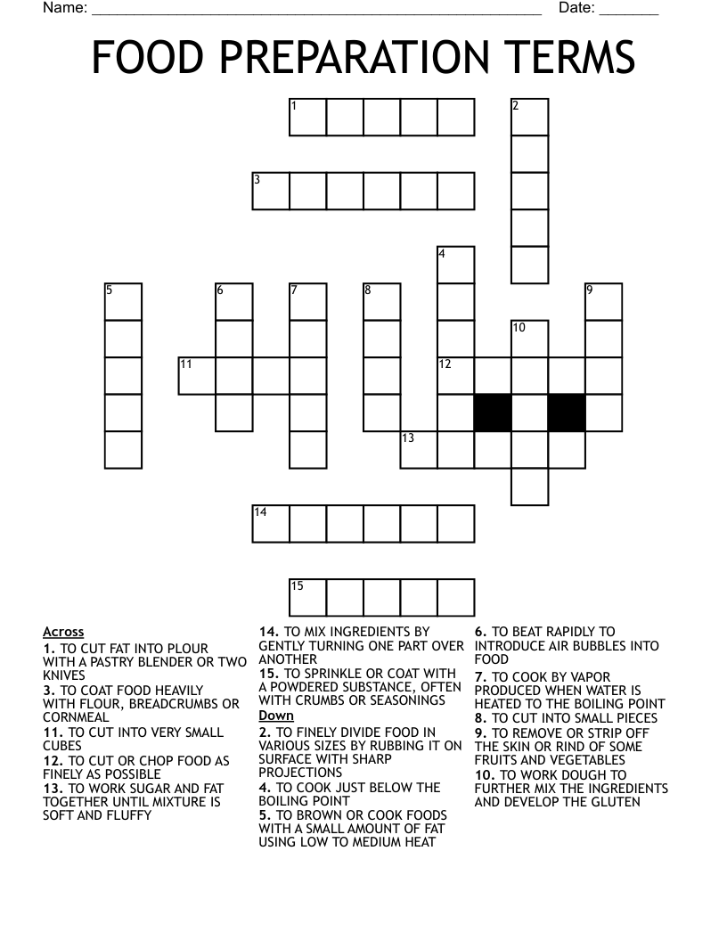 FOOD PREPARATION TERMS Crossword WordMint