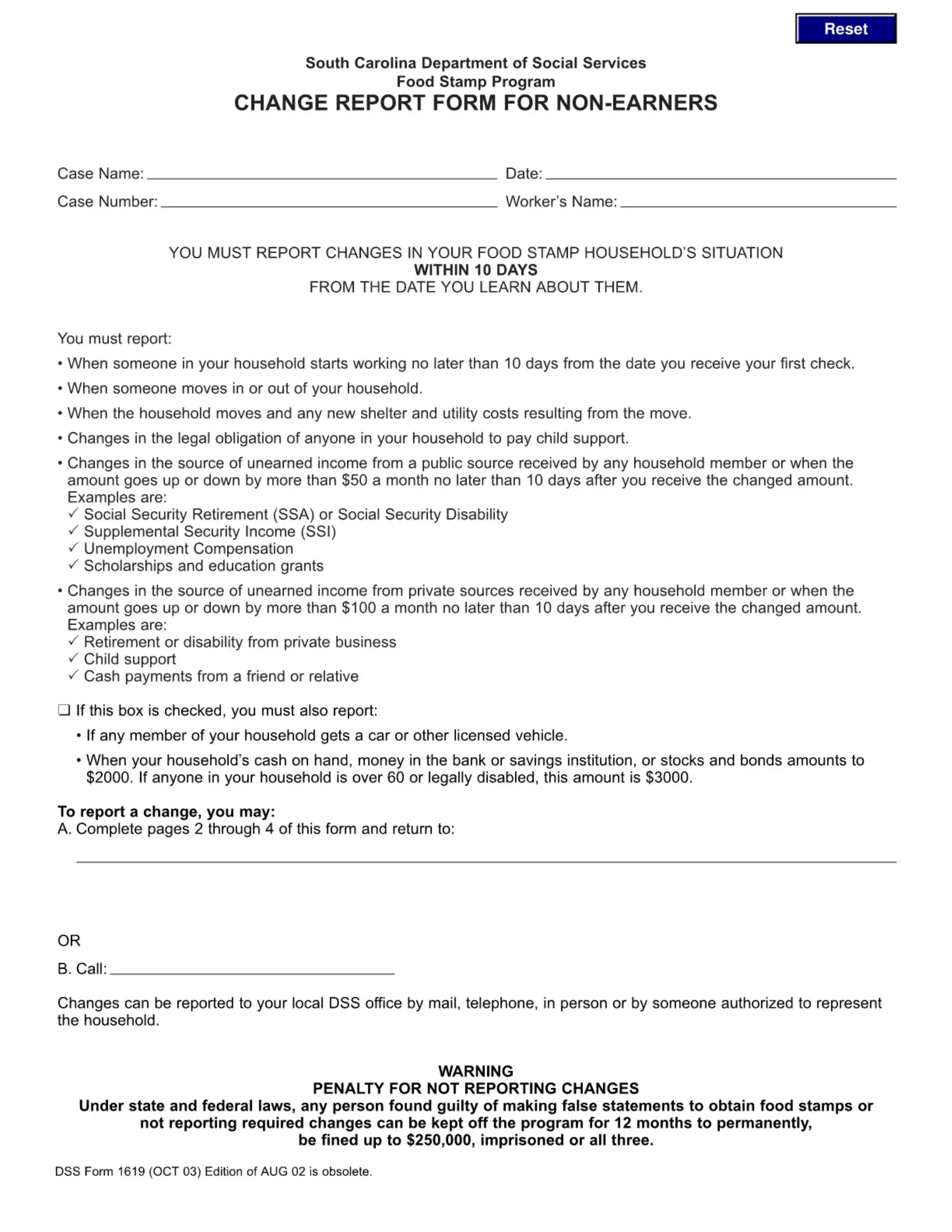 Food Stamps To Report Sc Form Fill Out Printable PDF