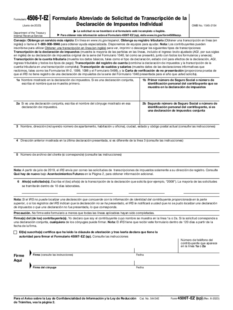Form 4506 T EZ sp Rev 6 2023 Short Form Request For Individual 