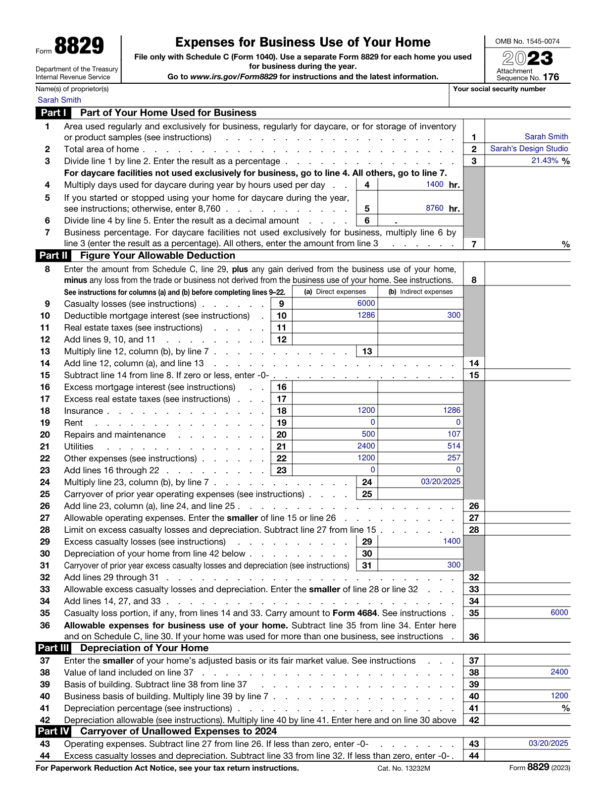 Form 8829 Expenses For Business Use Of Your Home Examples And Samples
