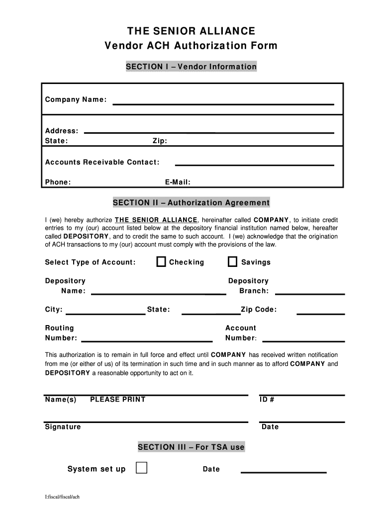 Form Senior Alliance Vendor ACH Payment Fill Online Printable 