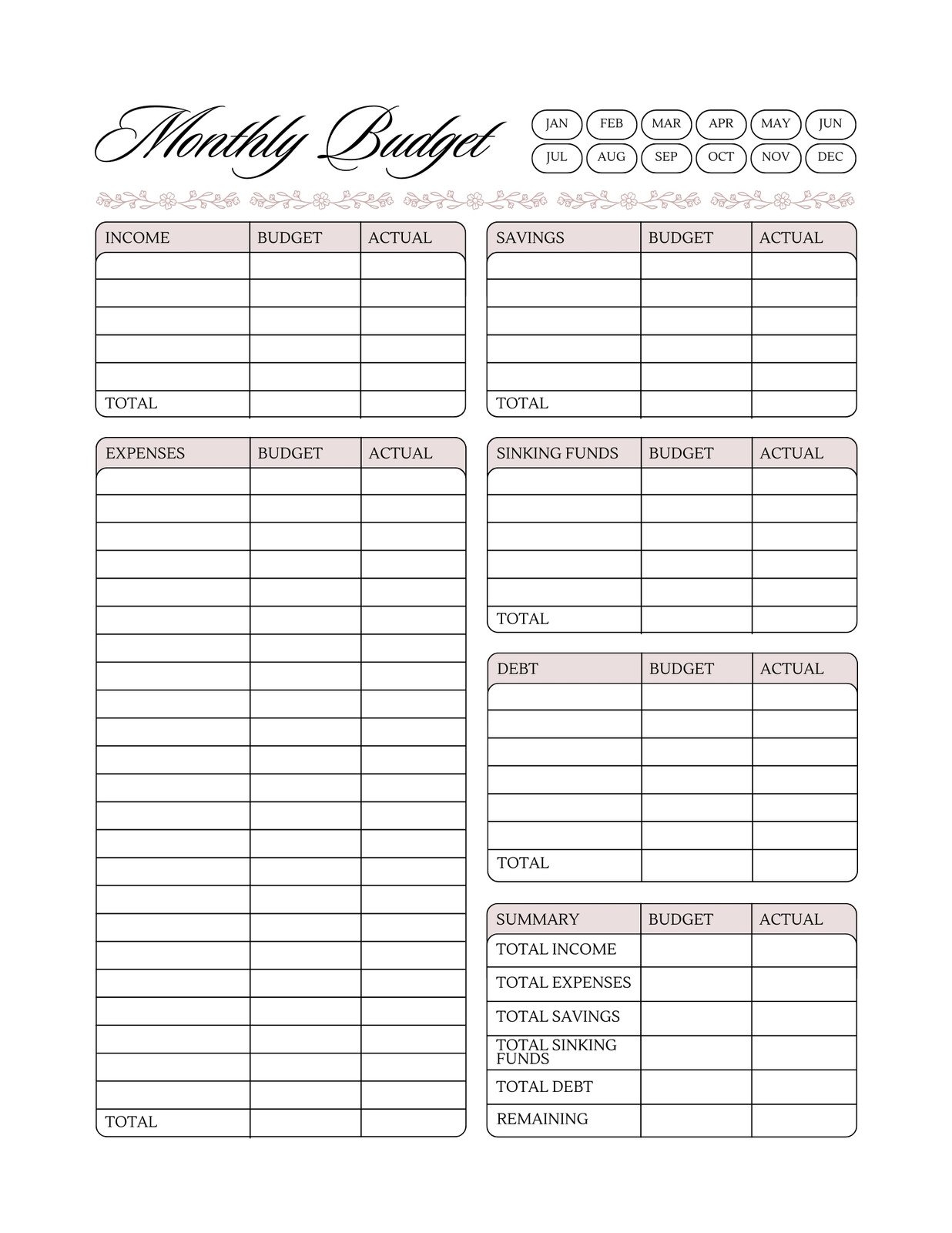 Budget Worksheet Printable Template
