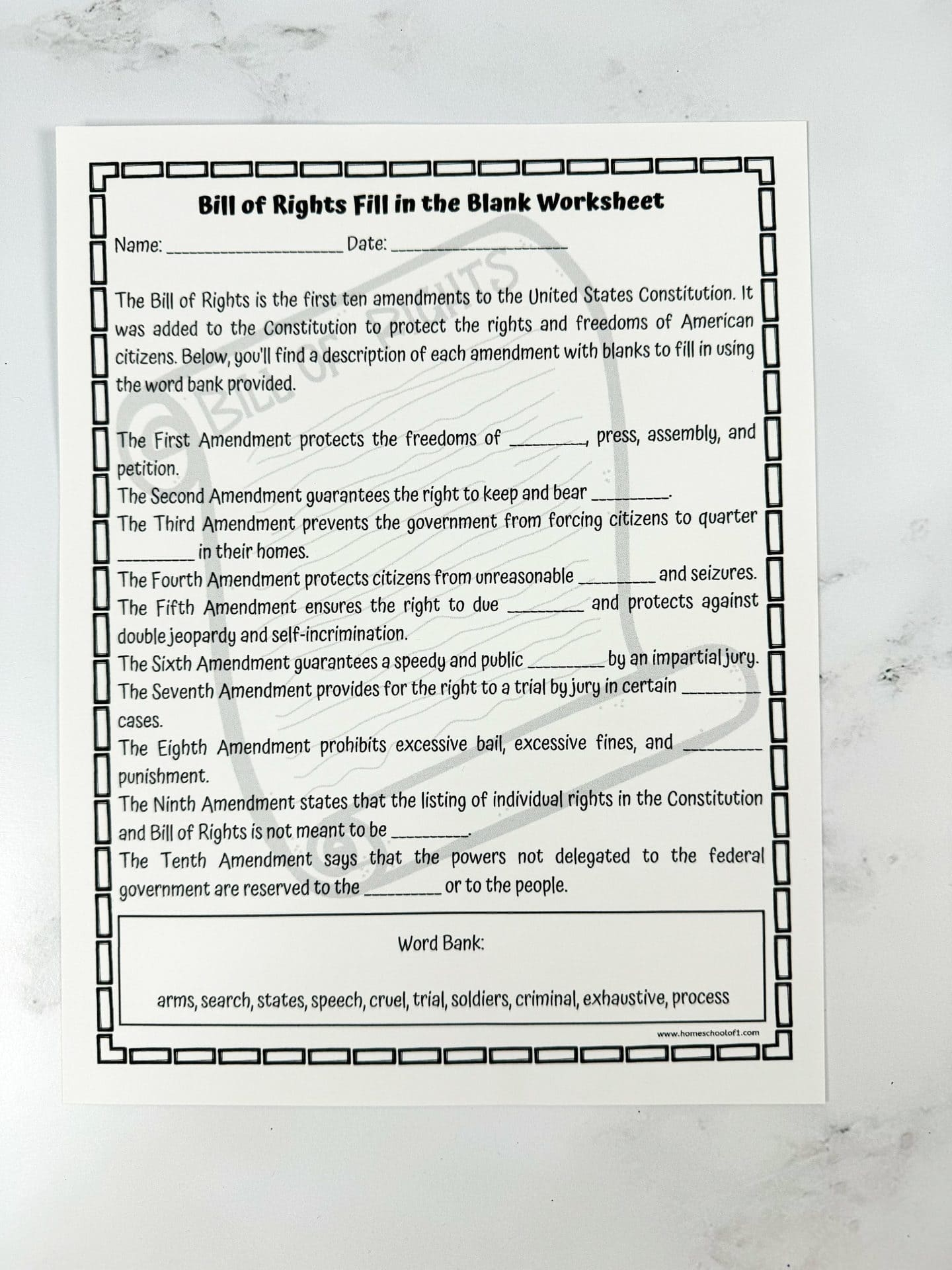 Free Printable Bill Of Rights Worksheets