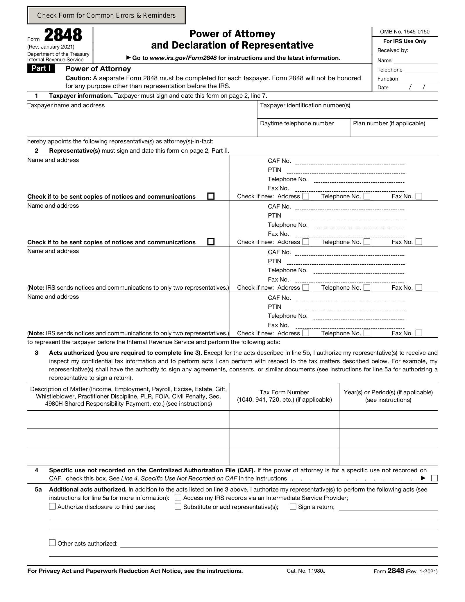 Free IRS Power Of Attorney Form 2848 Revised Jan 2021 PDF 