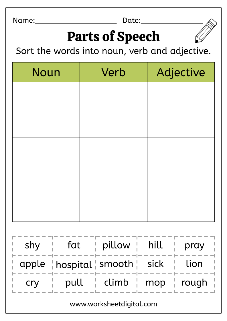 Free Printable Noun Verb Adjective Worksheets