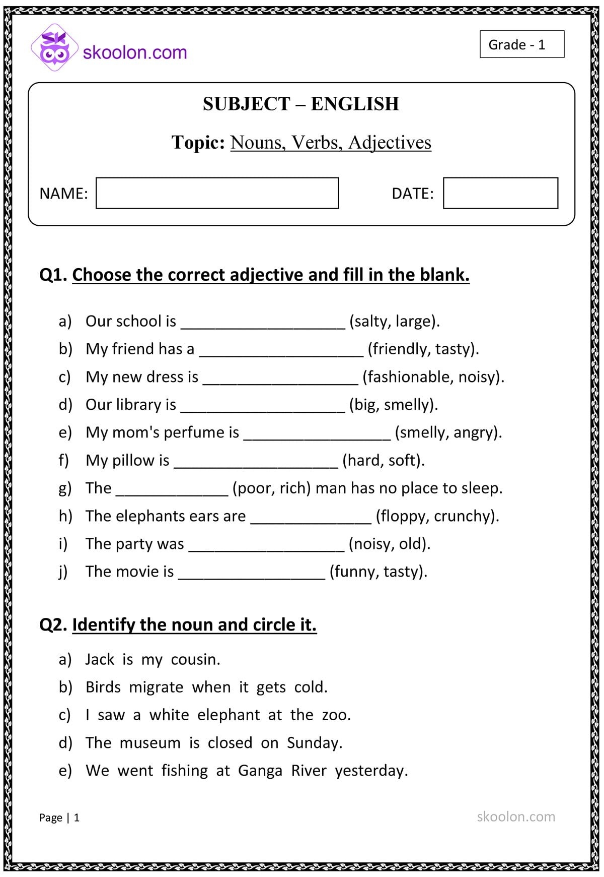 Free Noun Verb Adjective Worksheet Pdf Download Free Noun Verb 