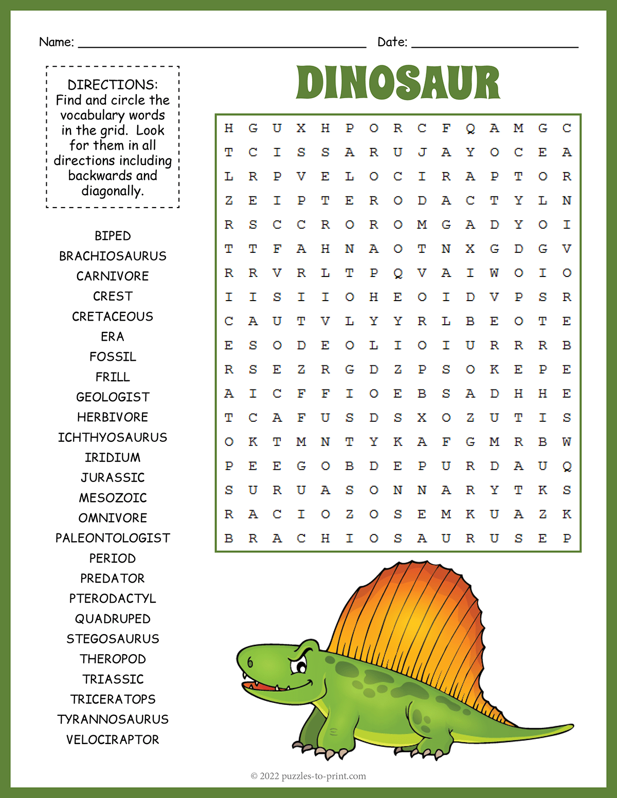 Free Printable Dinosaur Word Search