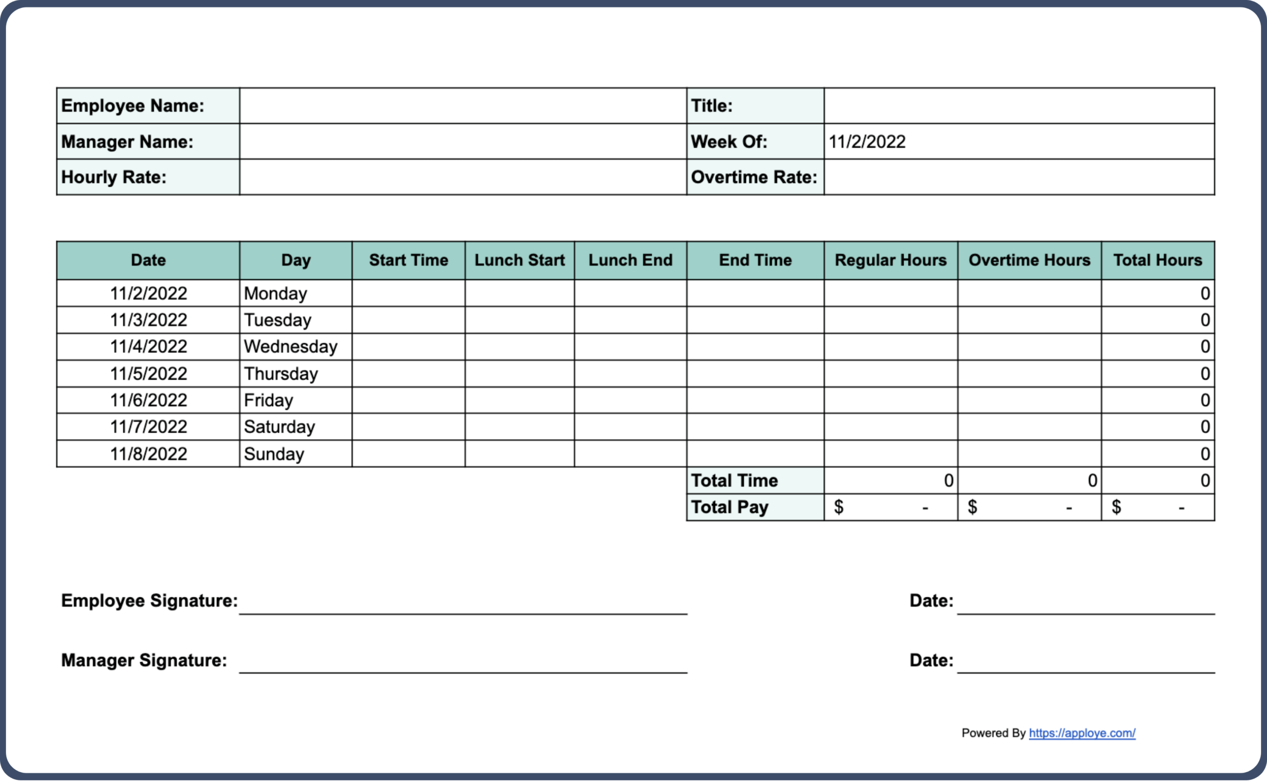 Printable Hourly Time Sheet