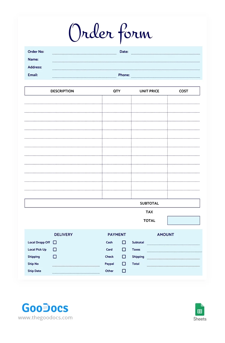 Free Simple Order Form Template In Google Sheets