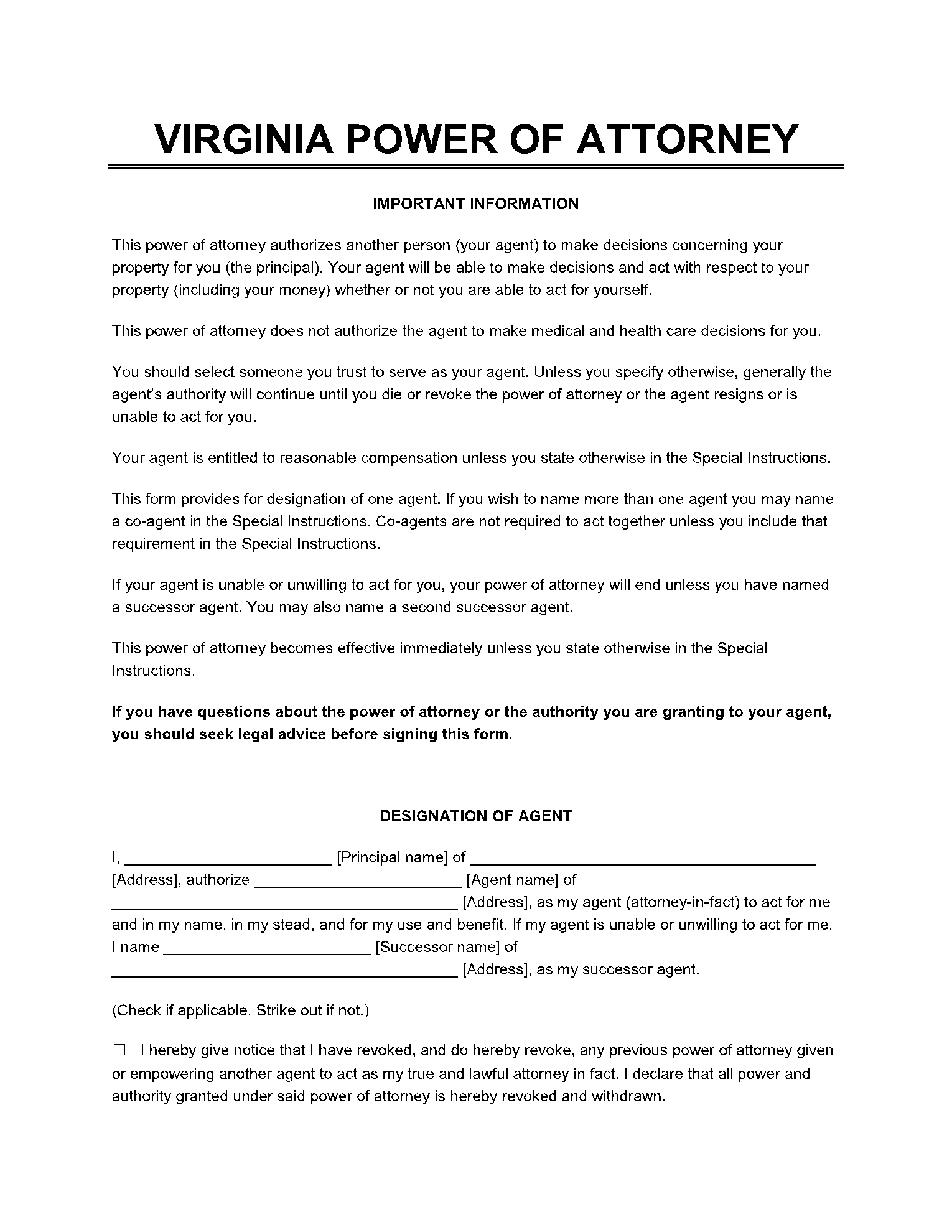 Durable Power Of Attorney Forms Printable Va