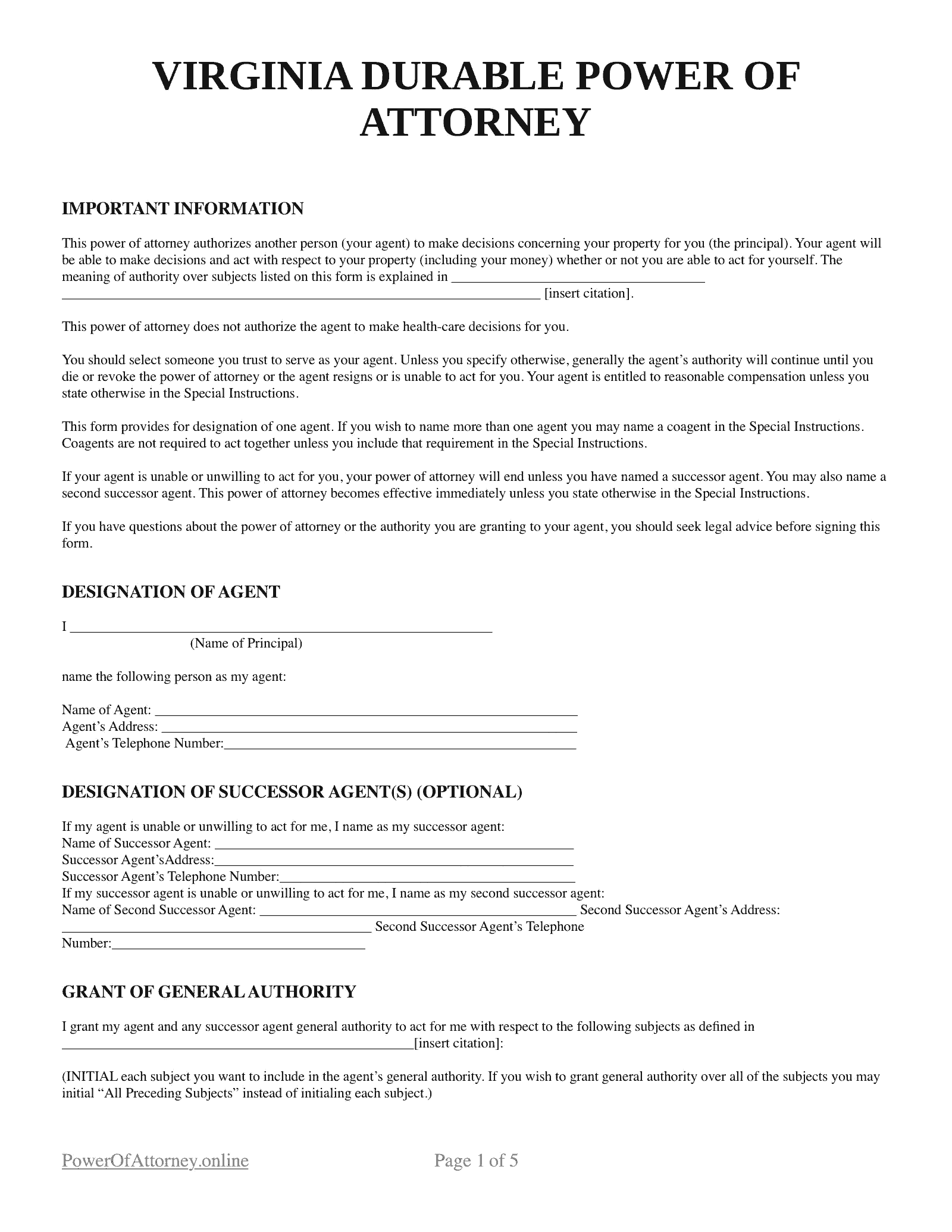 Free Virginia VA Durable Power Of Attorney Forms amp Templates PDF