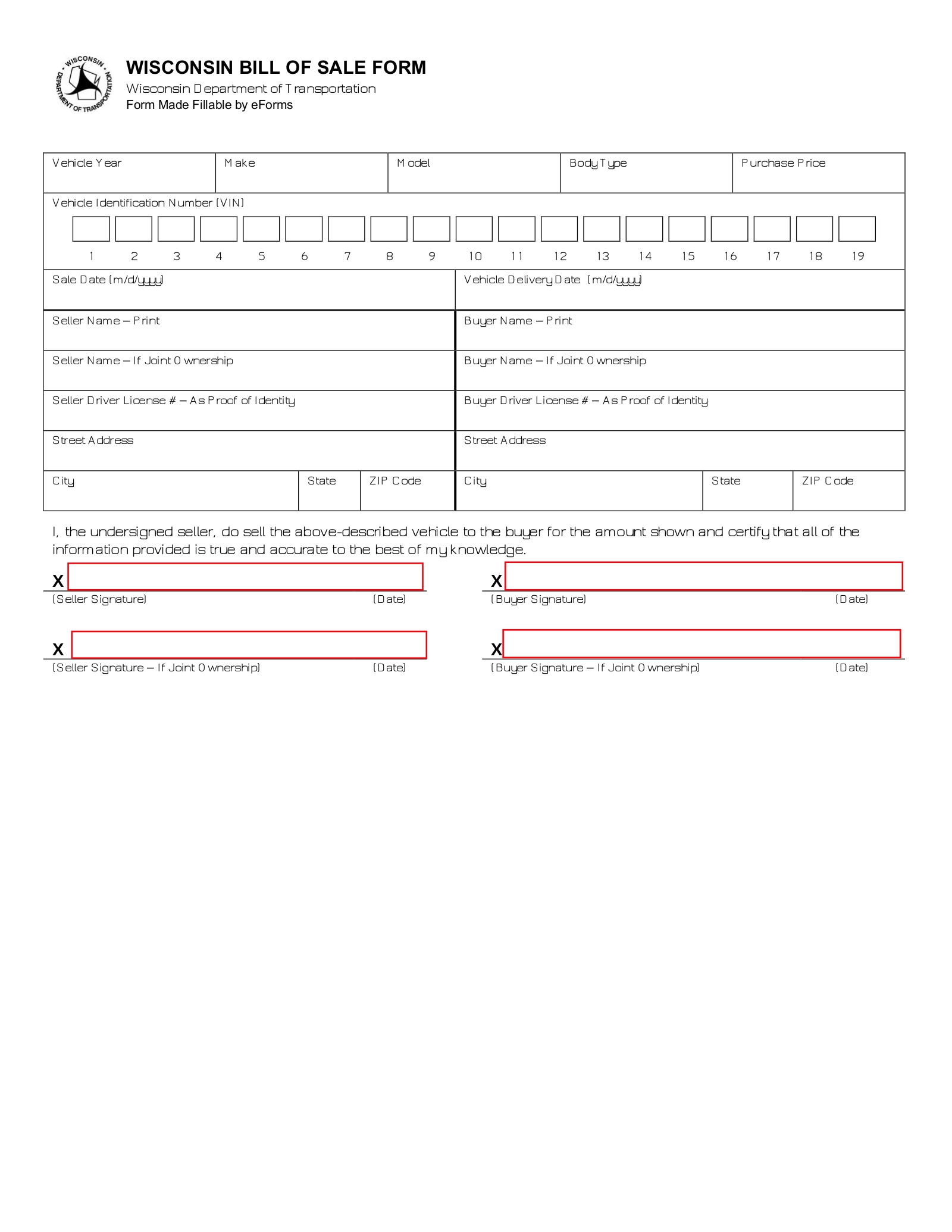 Free Wisconsin Motor Vehicle Bill Of Sale Form PDF EForms
