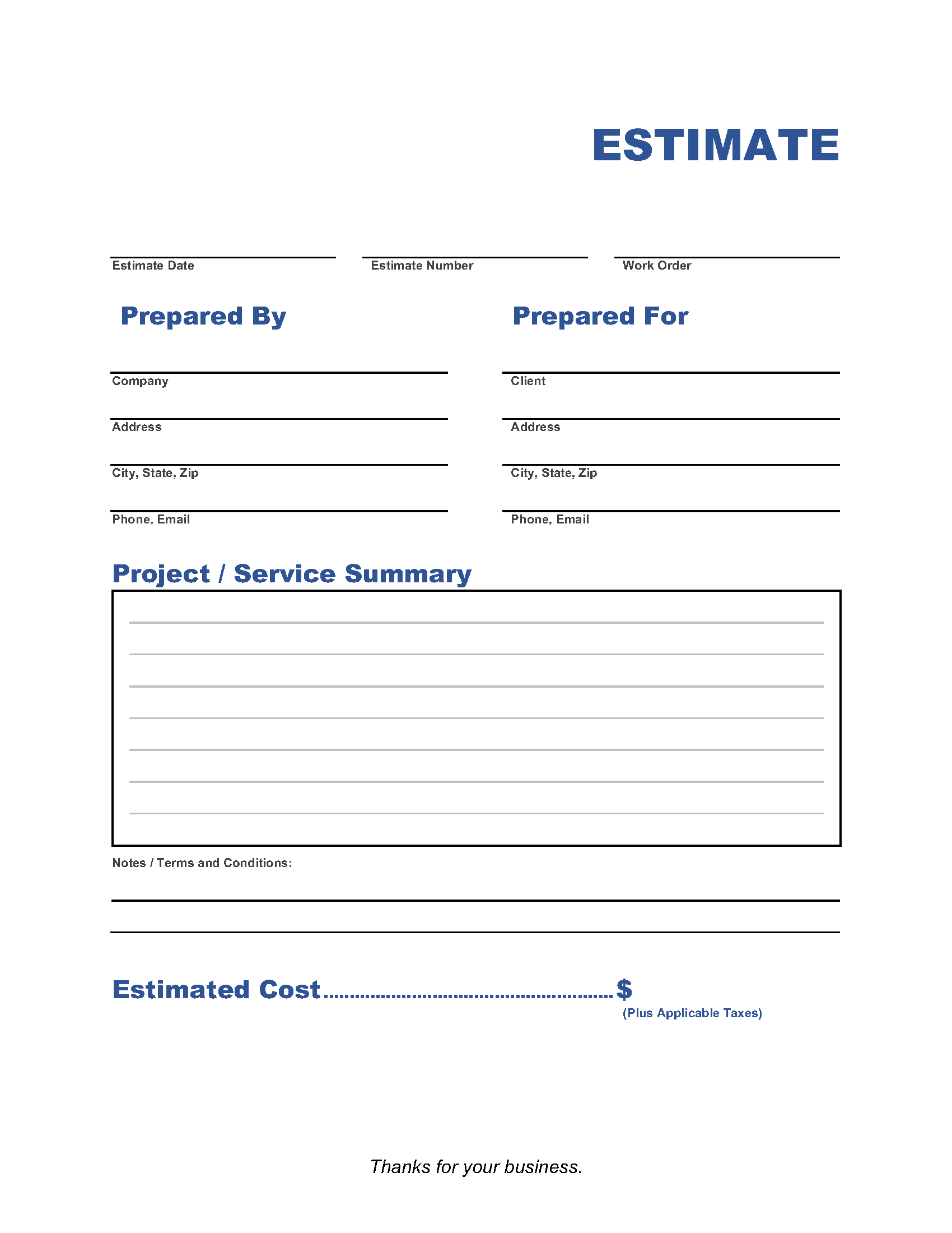 Free Printable Estimate Template