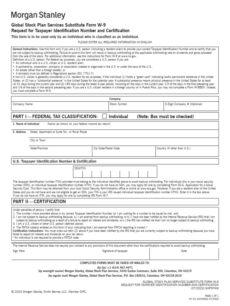 Global Stock Plan Services Substitute Form W 9 Request For 