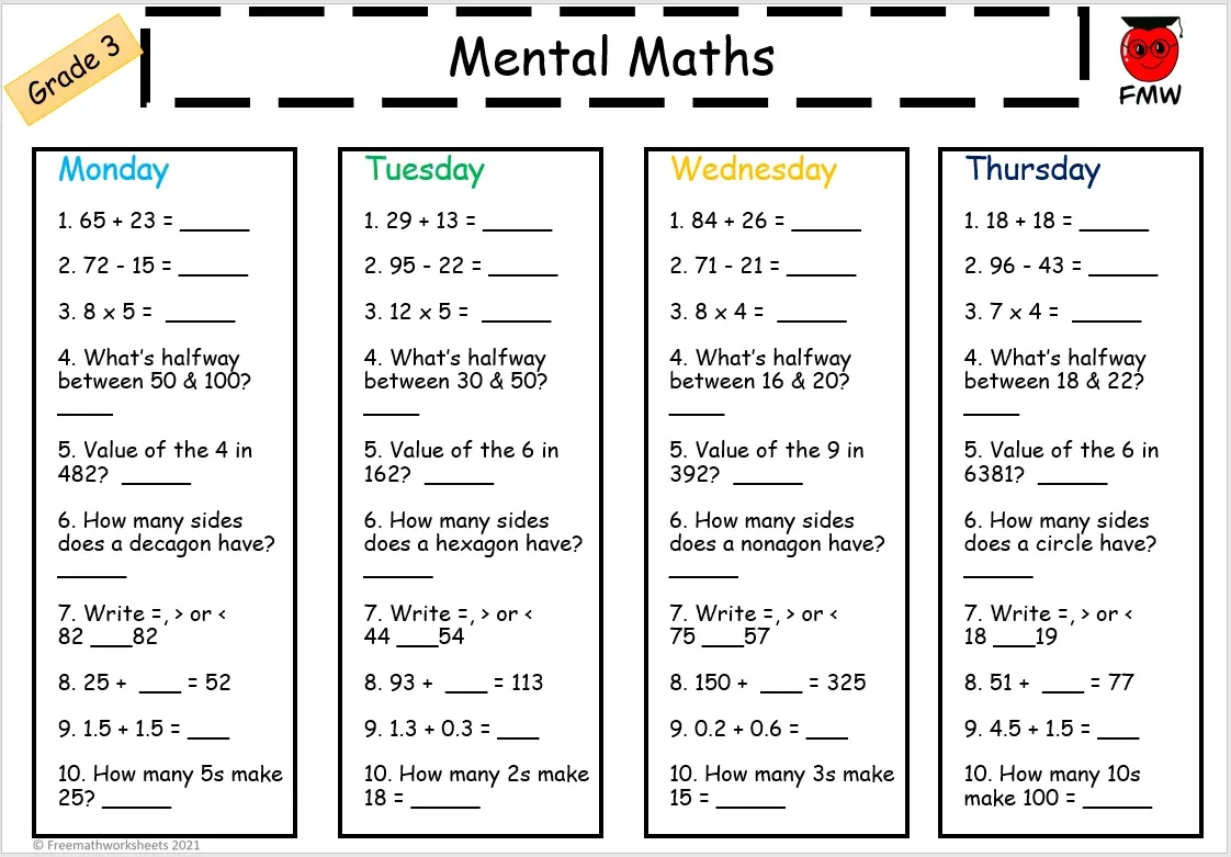 Math Printable Worksheets For Grade 3