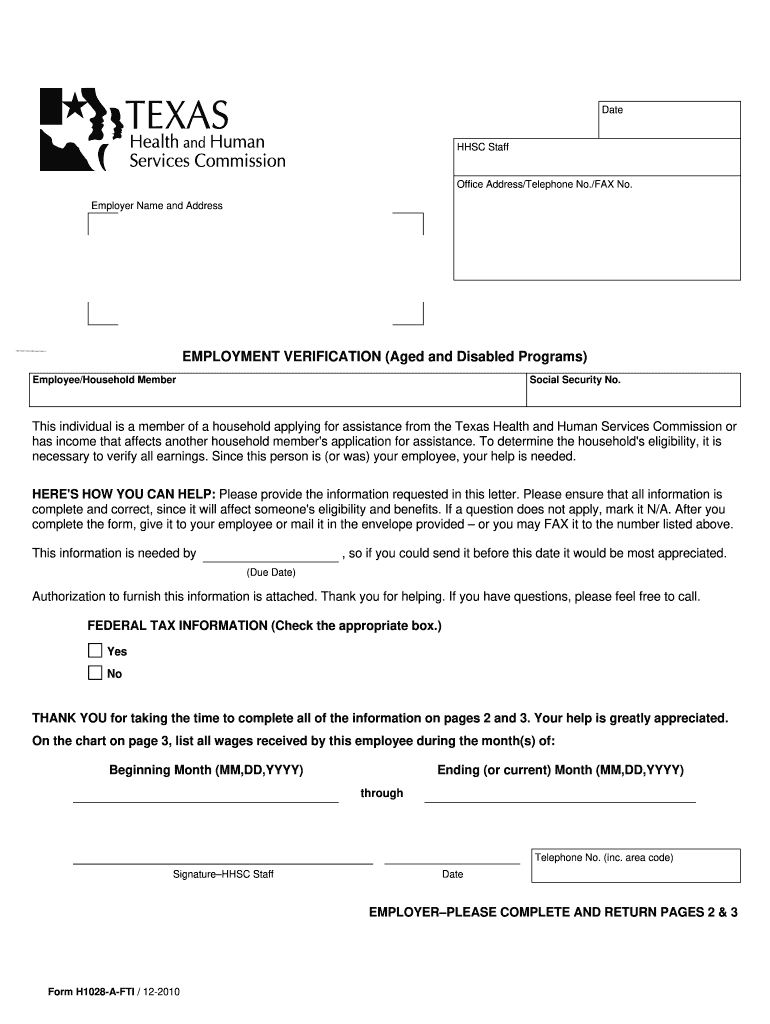 H1028 Employment Verification Form Texas