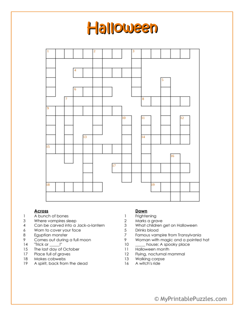 Halloween Crossword Puzzle Free Halloween Crossword Puzzle Free