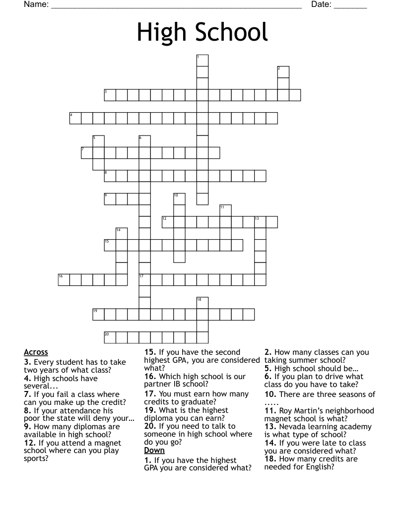 High School Crossword WordMint Worksheets Library