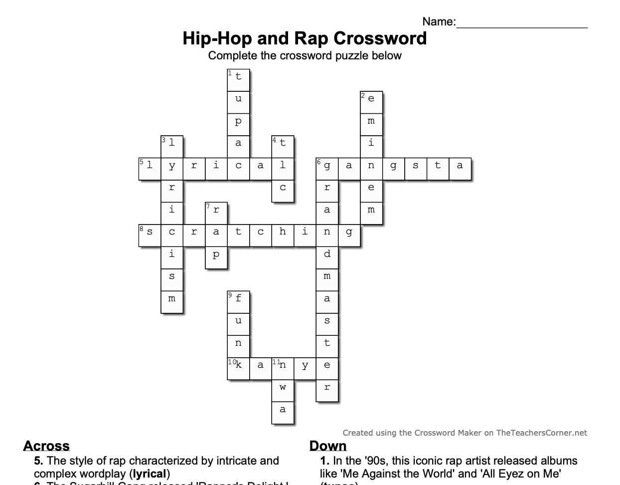 Hip Hop Music Crossword Puzzles