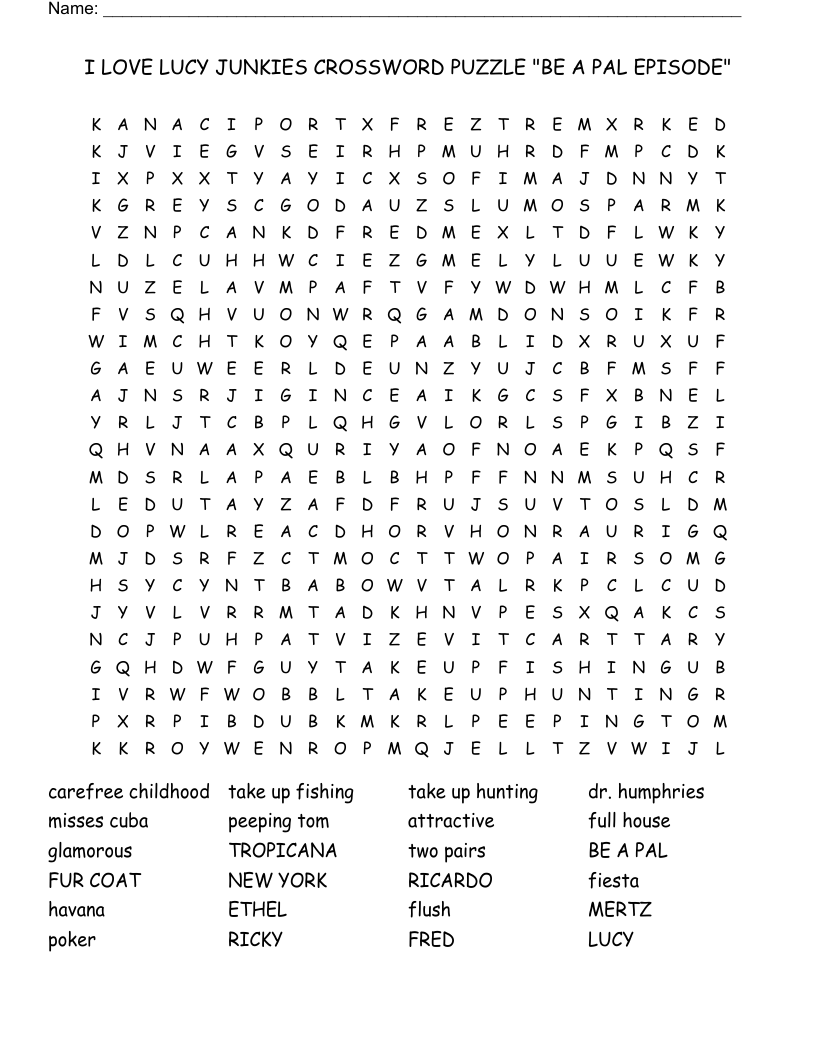 I LOVE LUCY JUNKIES CROSSWORD PUZZLE BE A PAL EPISODE Word 