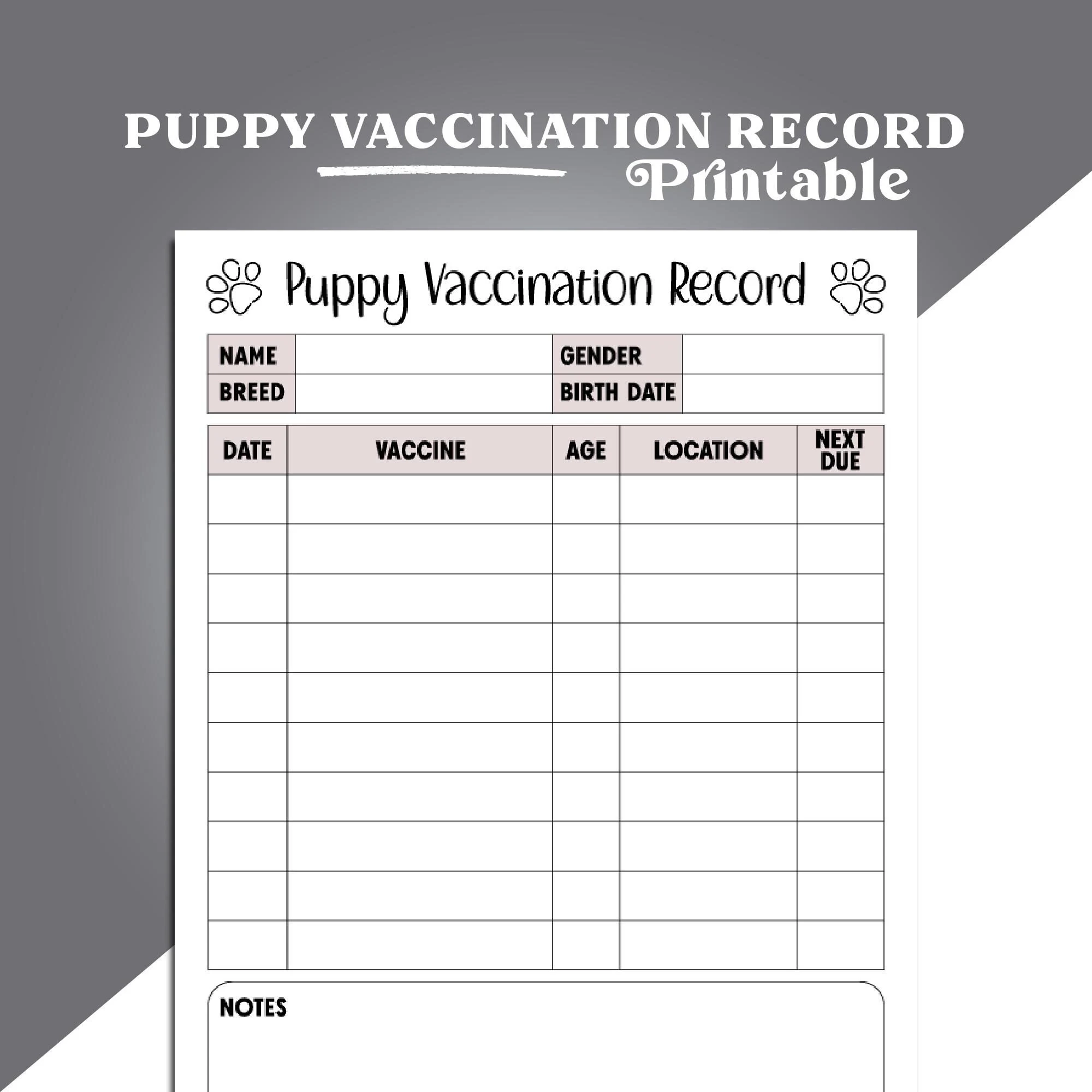 Printable Puppy Shot Record Template