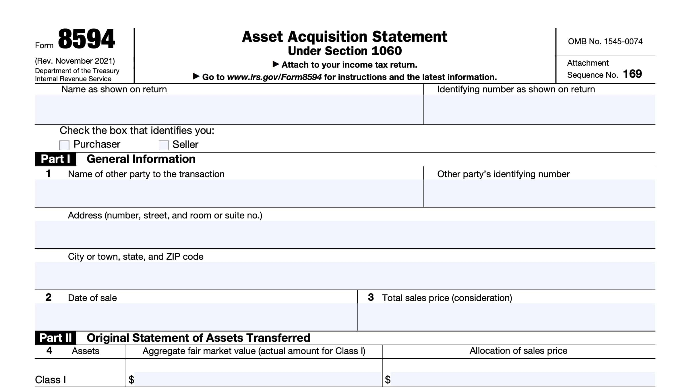 IRS Form 8594 Instructions Asset Acquisition Statement