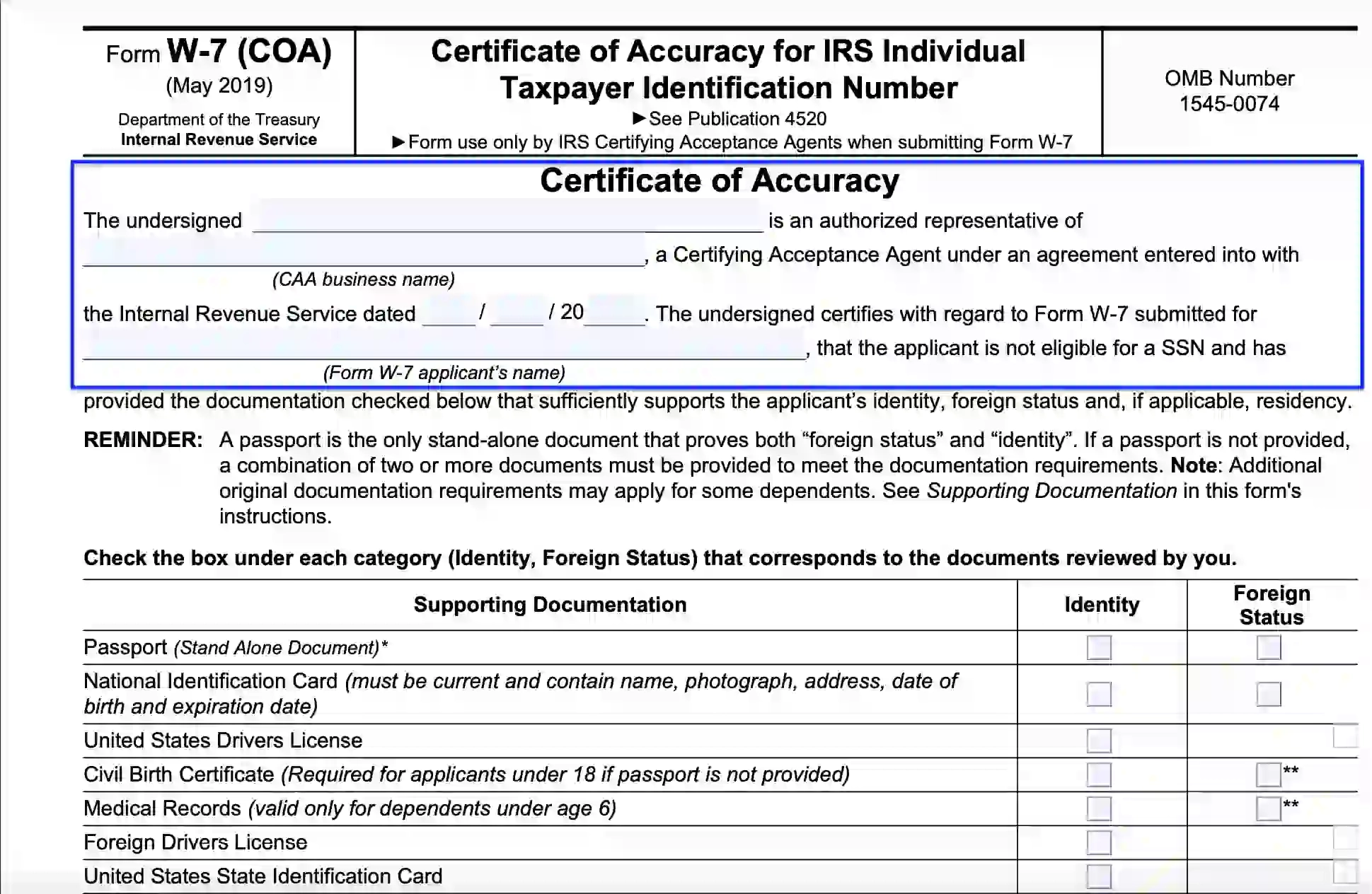 Form W7 Itin Application