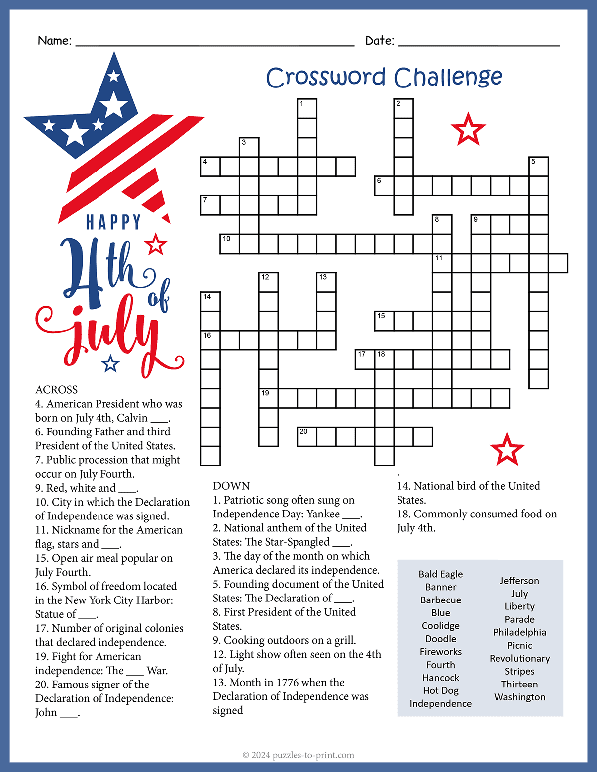 American History Crossword Puzzles Printable
