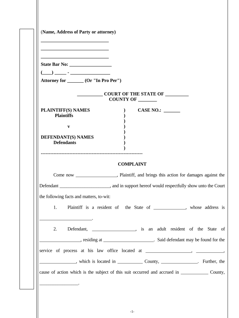 Complaint Sample Legal Forms