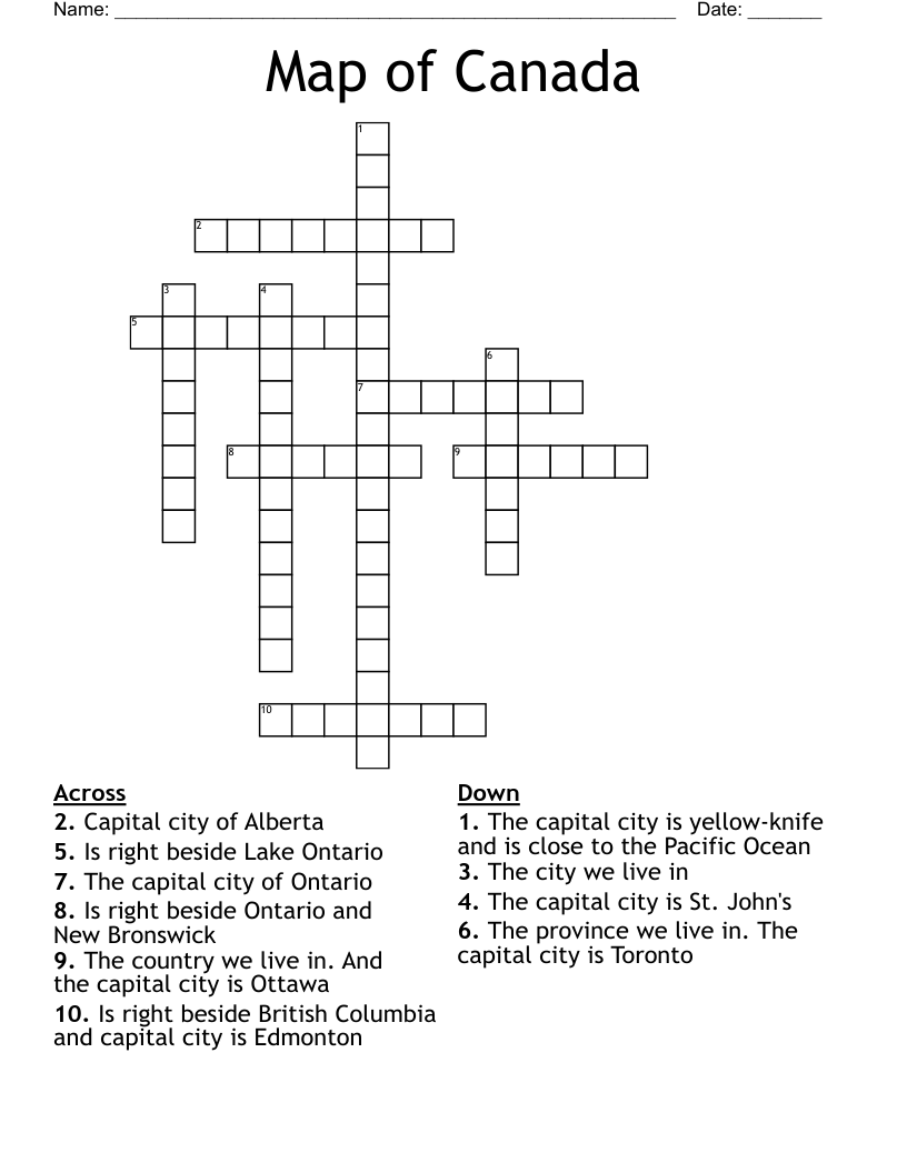 Map Of Canada Crossword WordMint